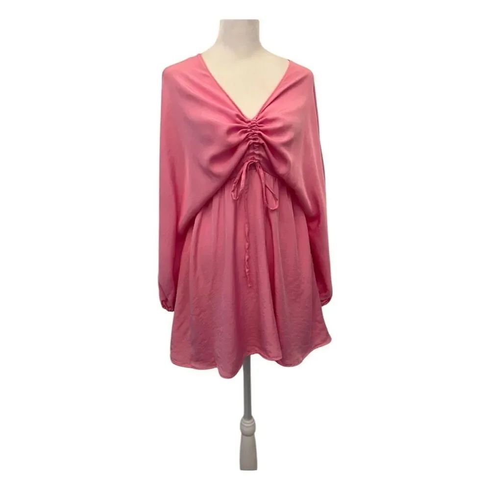 Zara SzS Women's Pink V-Neck Ruched Front Long Sleeve Mini Dress Like New